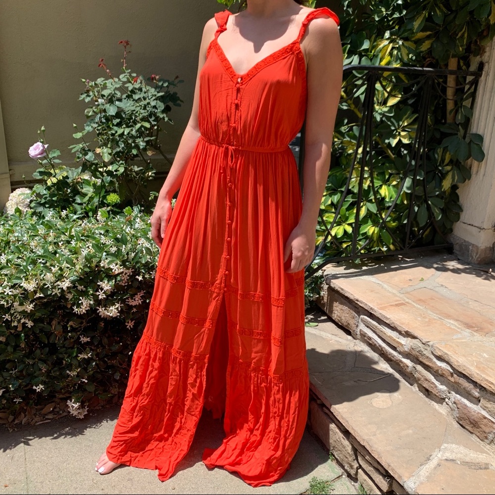 FOREVER 21 Coral Maxi Dress w/ Lace and Ruffle